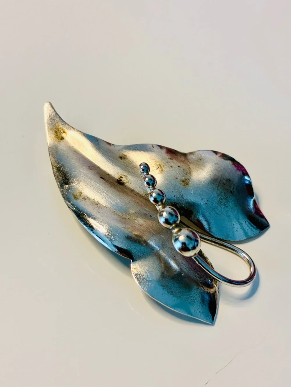 Silver Leaf Brooch with Graduated Spheres